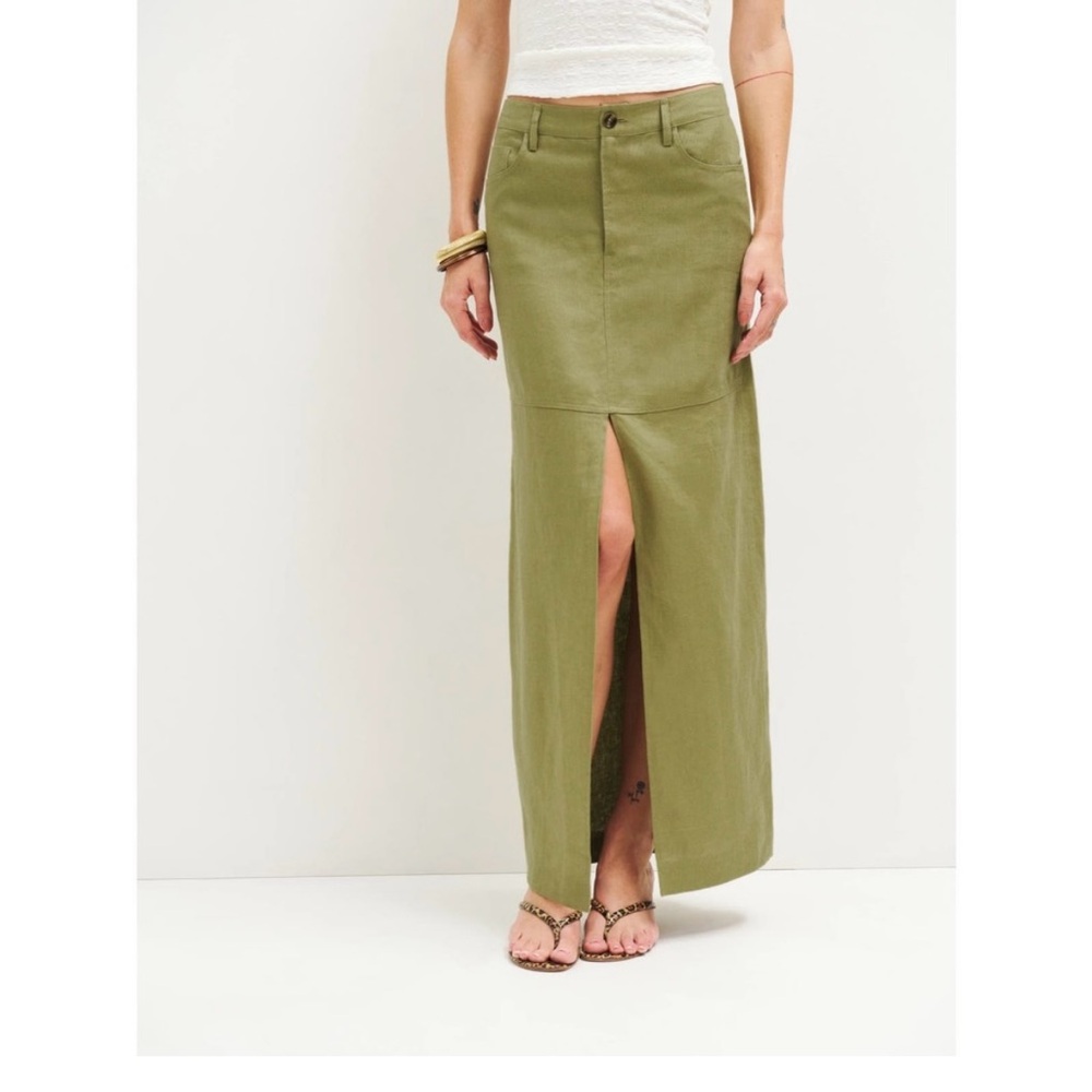 Reformation Olive Green Maxi Skirt, 100% Linen